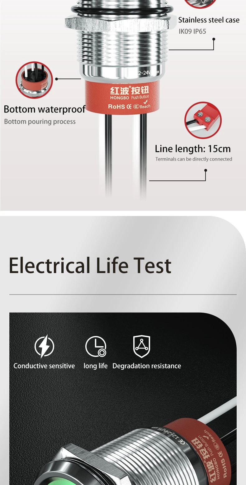 Stainless Steel 6V Green Ring Illuminated 30mm Push Button IP67 Waterproof Switch for Factory Machines