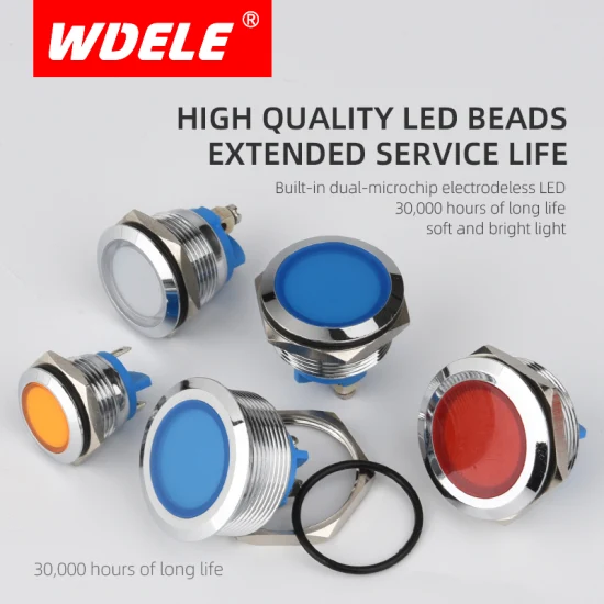 Indicatore LED 24V per macchinari industriali impermeabili a testa piatta in metallo da 25 mm ad alta resistenza Wdele